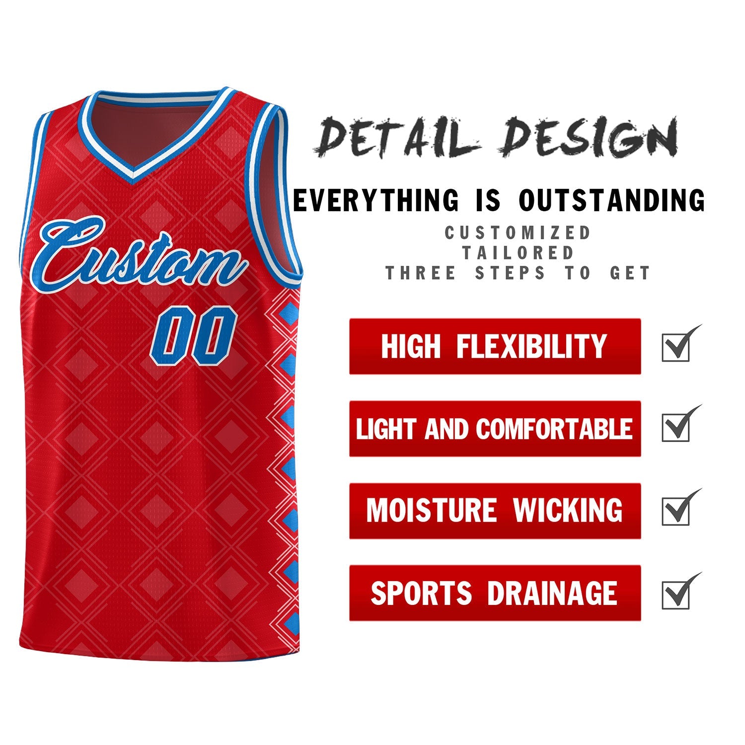 Custom Red Side Blocks Sports Uniform Basketball Jersey