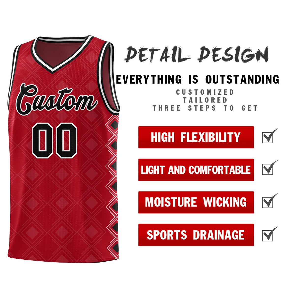Custom Red Side Blocks Sports Uniform Basketball Jersey