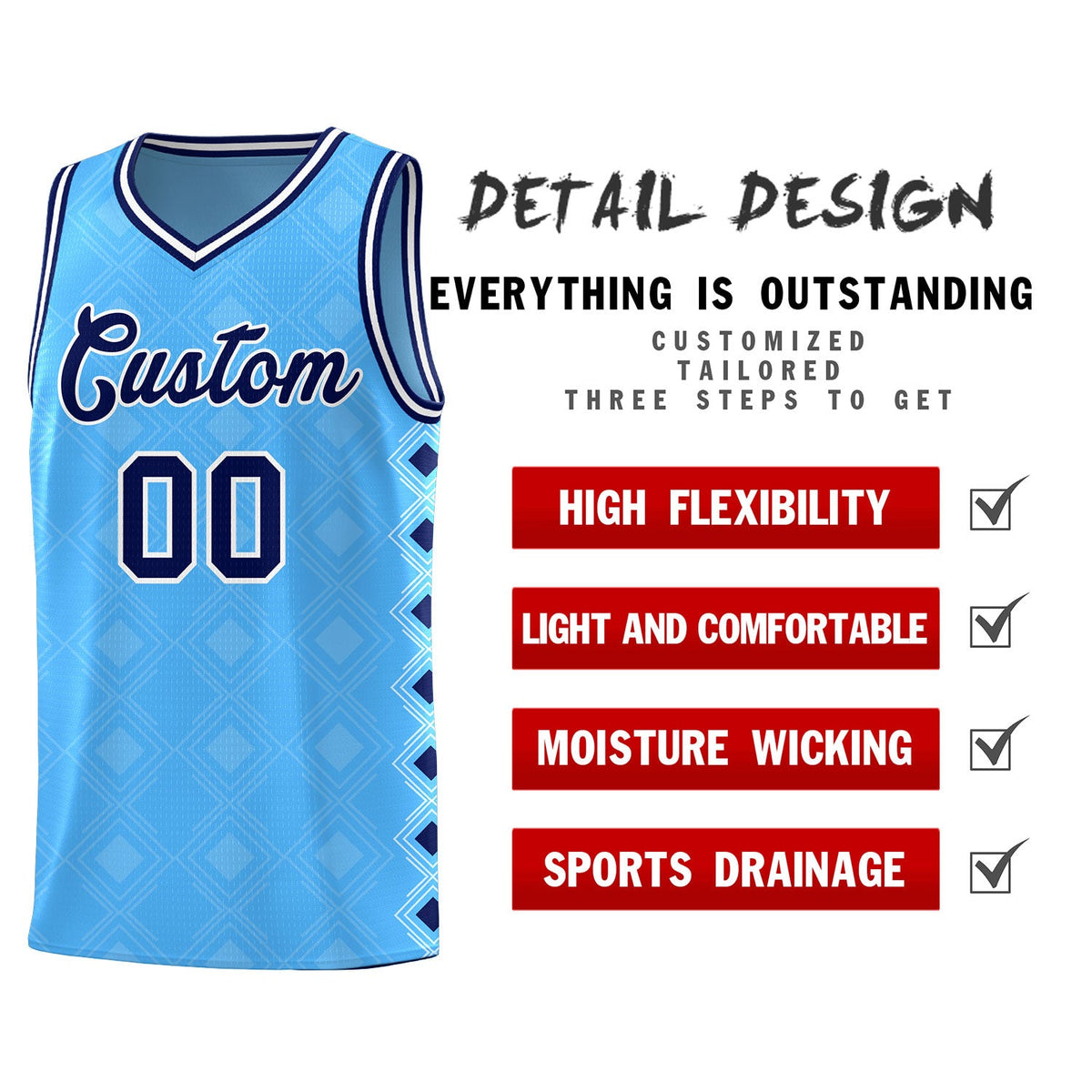 Custom Light Blue Side Blocks Sports Uniform Basketball Jersey