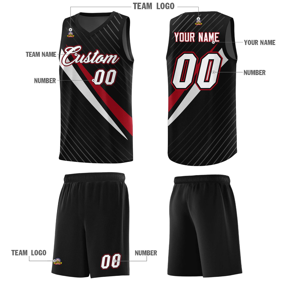 Custom Black Diagonal Pinstripe Pattern Color Block Sports Uniform Basketball Jersey