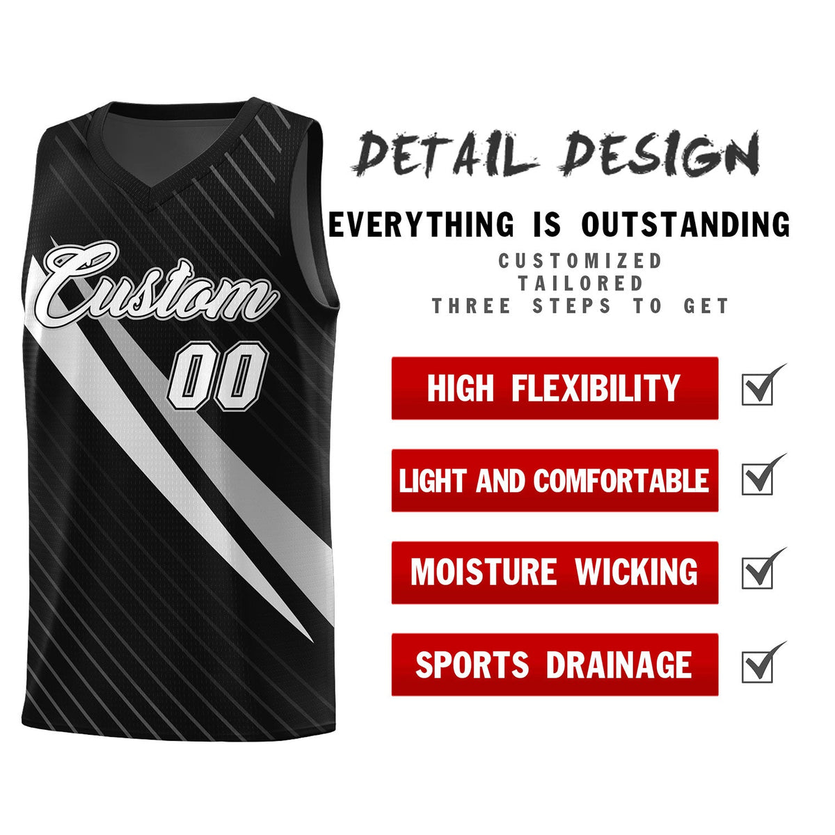 Custom Black Diagonal Pinstripe Pattern Color Block Sports Uniform Basketball Jersey