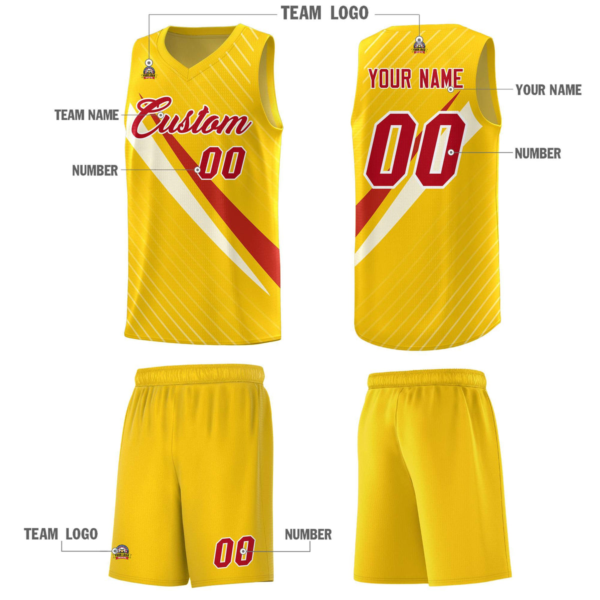 Custom Gold Diagonal Pinstripe Pattern Color Block Sports Uniform Basketball Jersey