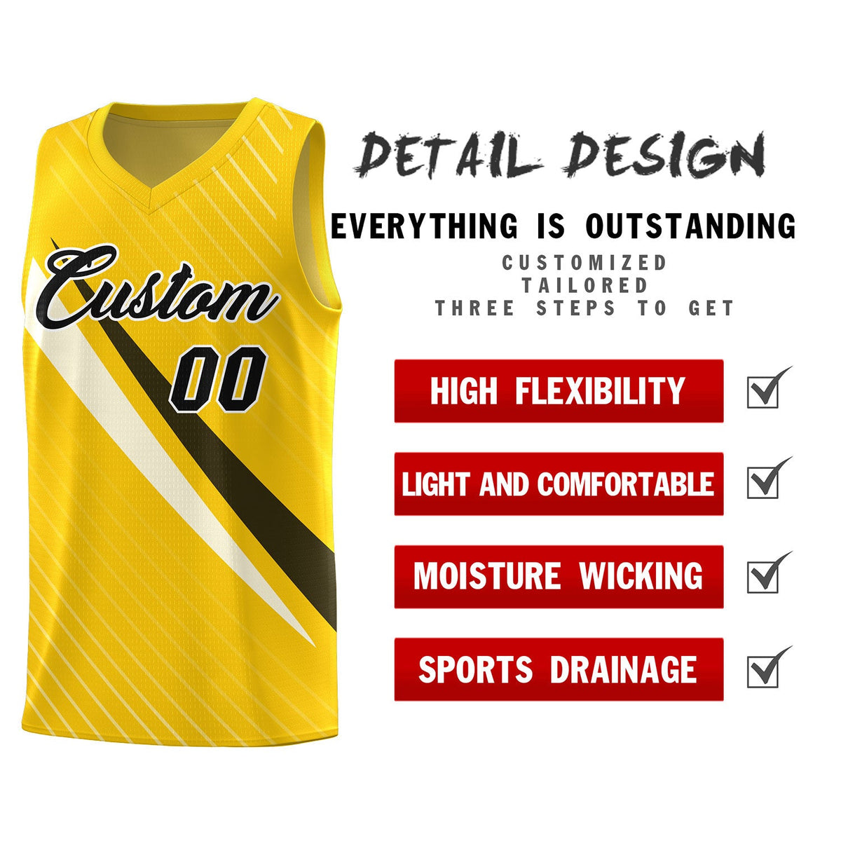 Custom Gold Diagonal Pinstripe Pattern Color Block Sports Uniform Basketball Jersey