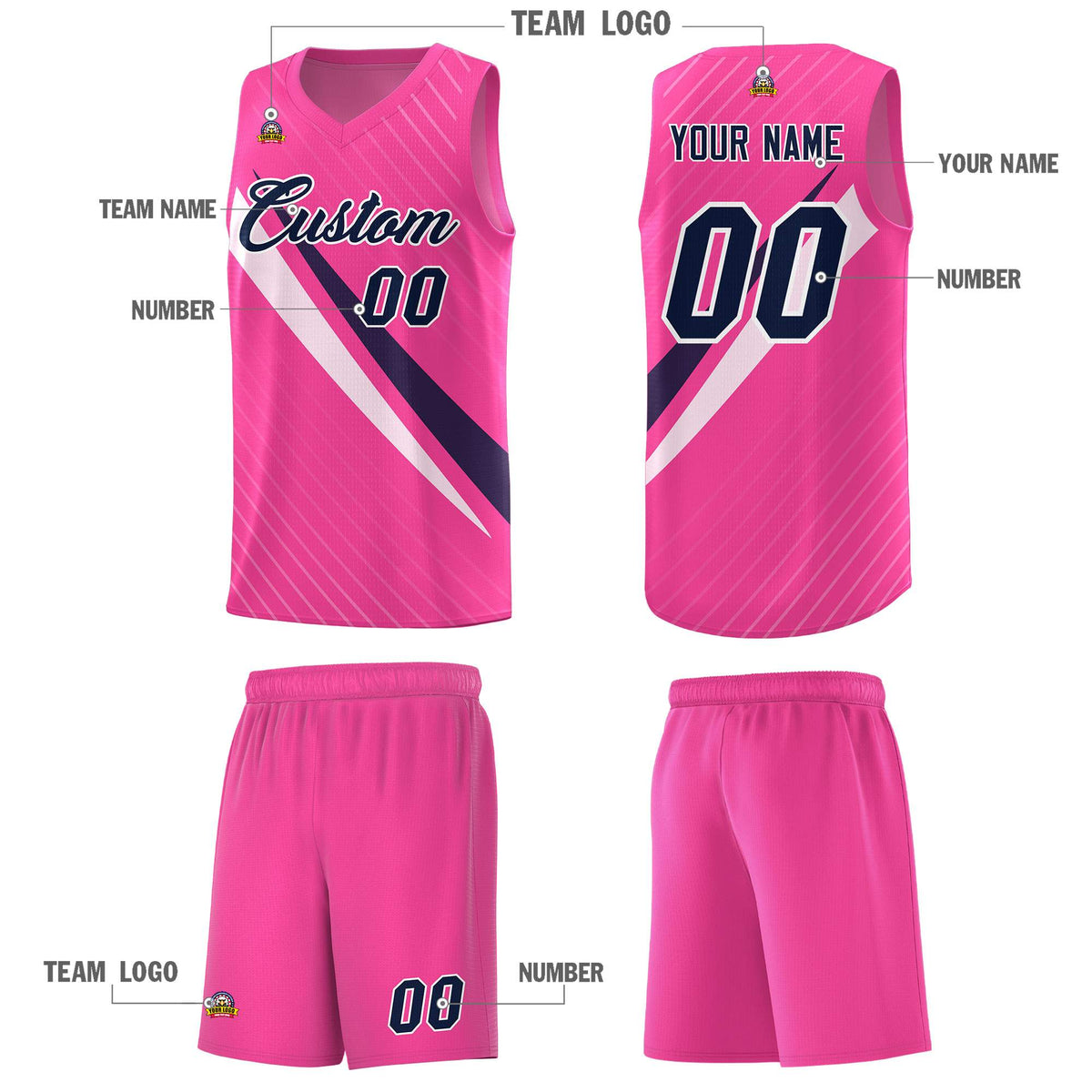 Custom Pink Diagonal Pinstripe Pattern Color Block Sports Uniform Basketball Jersey