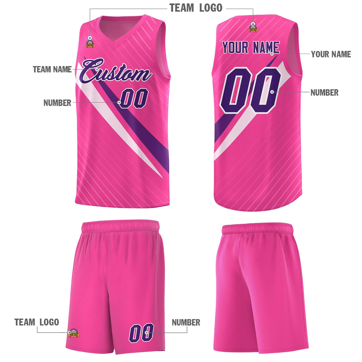 Custom Pink Diagonal Pinstripe Pattern Color Block Sports Uniform Basketball Jersey