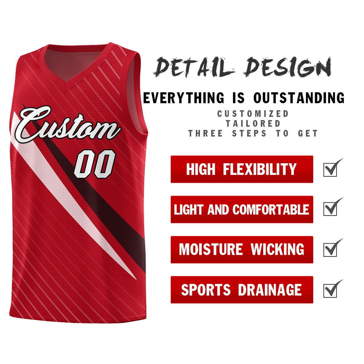 Custom Red Diagonal Pinstripe Pattern Color Block Sports Uniform Basketball Jersey
