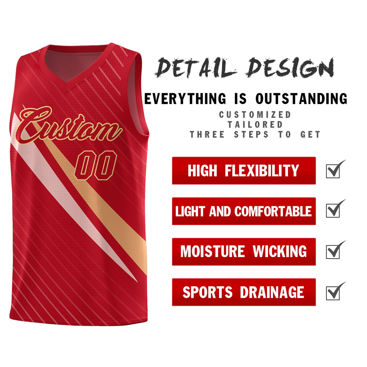 Custom Red Diagonal Pinstripe Pattern Color Block Sports Uniform Basketball Jersey