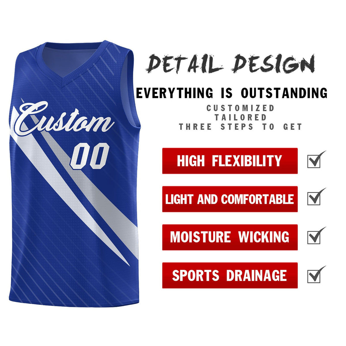 Custom Royal Diagonal Pinstripe Pattern Color Block Sports Uniform Basketball Jersey