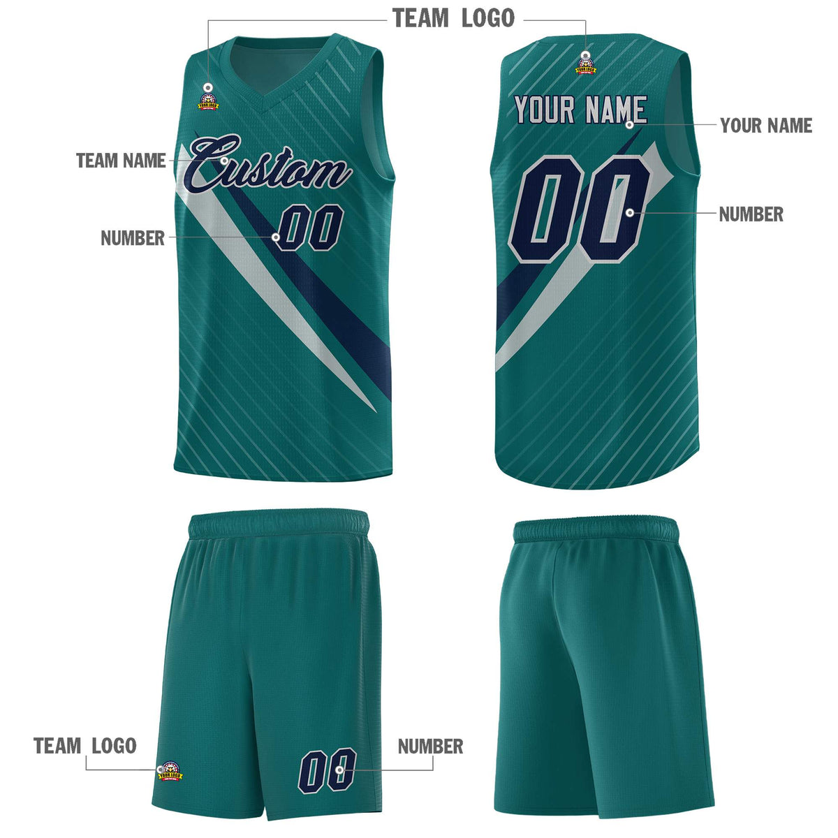 Custom Aqua Diagonal Pinstripe Pattern Color Block Sports Uniform Basketball Jersey