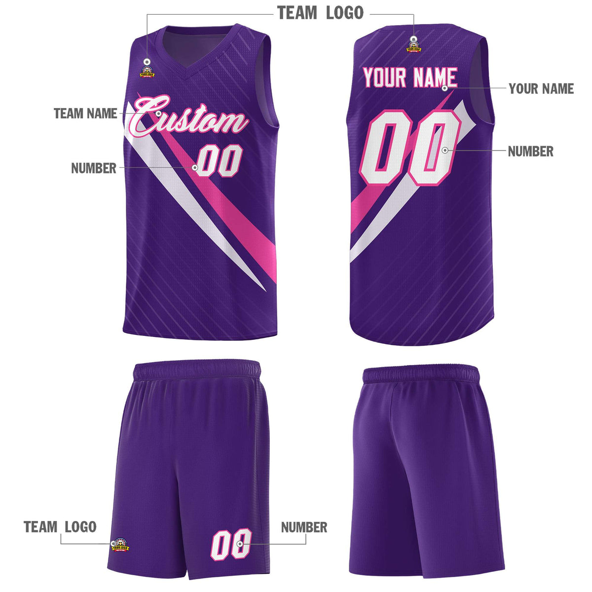 Custom Purple Diagonal Pinstripe Pattern Color Block Sports Uniform Basketball Jersey