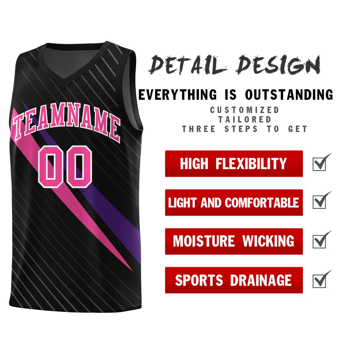 Custom Black Diagonal Pinstripe Pattern Color Block Sports Uniform Basketball Jersey
