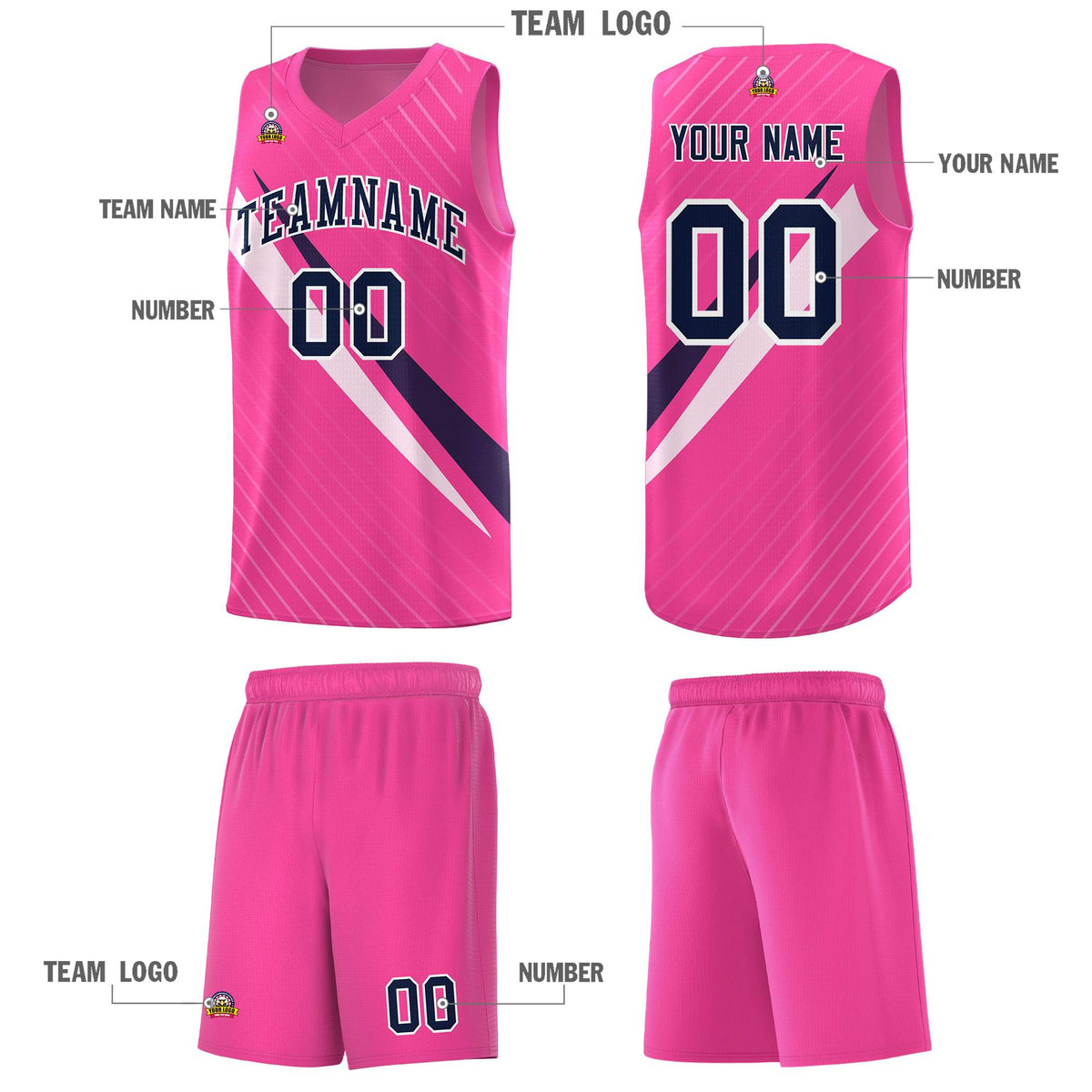 Custom Pink Diagonal Pinstripe Pattern Color Block Sports Uniform Basketball Jersey