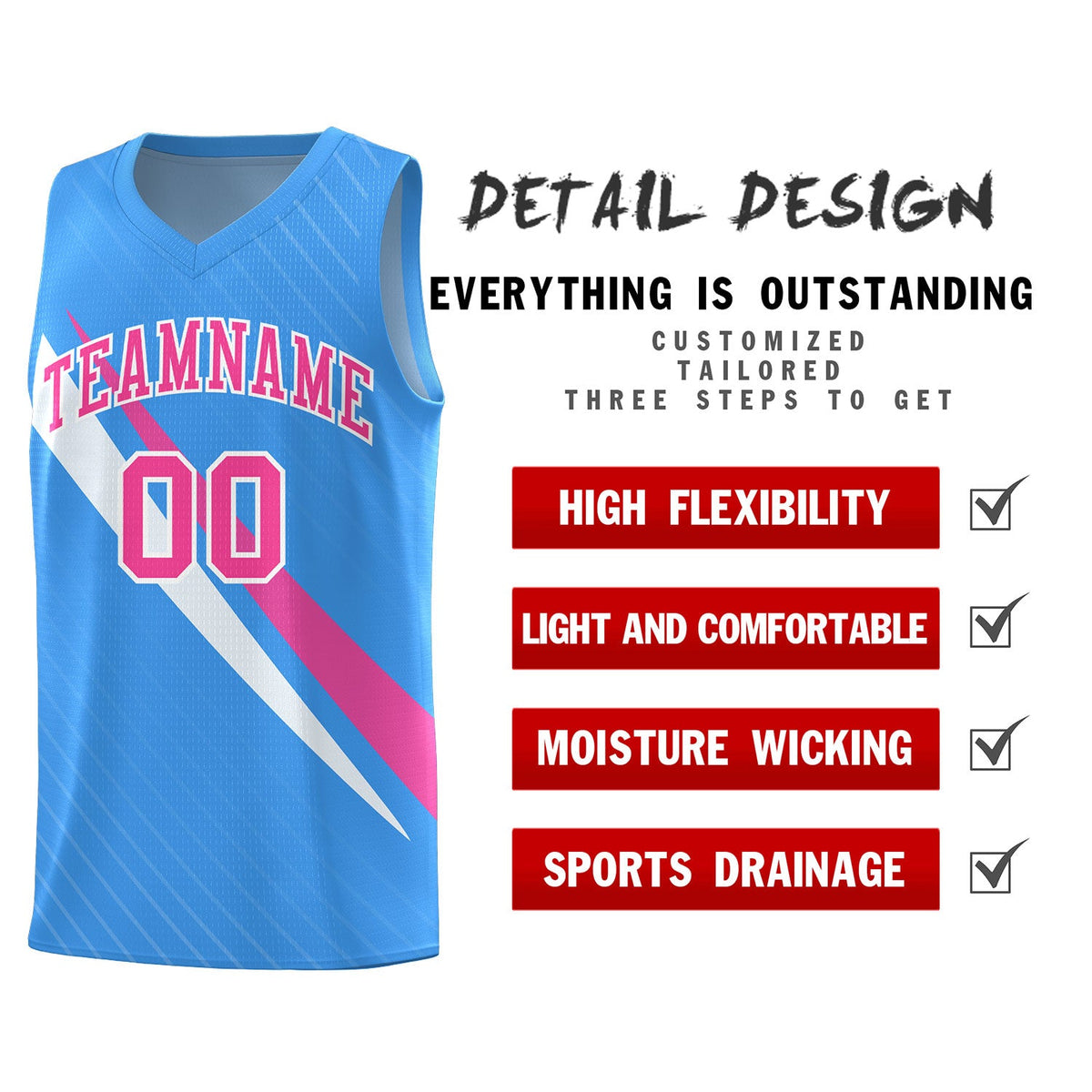 Custom Light Blue Diagonal Pinstripe Pattern Color Block Sports Uniform Basketball Jersey