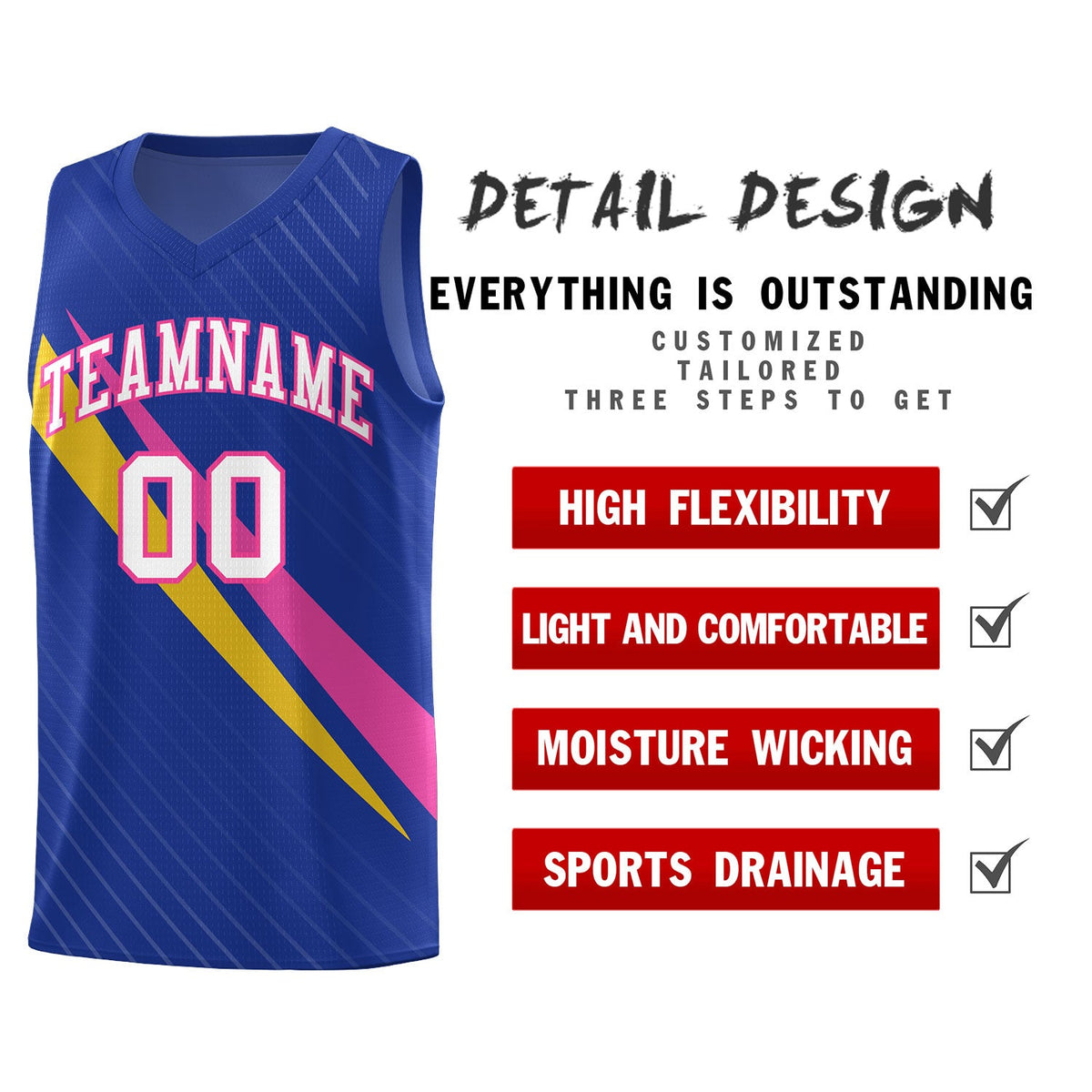 Custom Royal Diagonal Pinstripe Pattern Color Block Sports Uniform Basketball Jersey