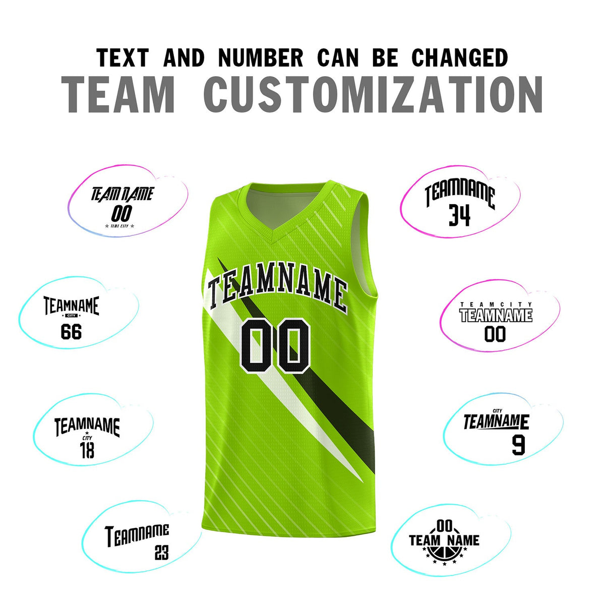 Custom Neon Green Diagonal Pinstripe Pattern Color Block Sports Uniform Basketball Jersey