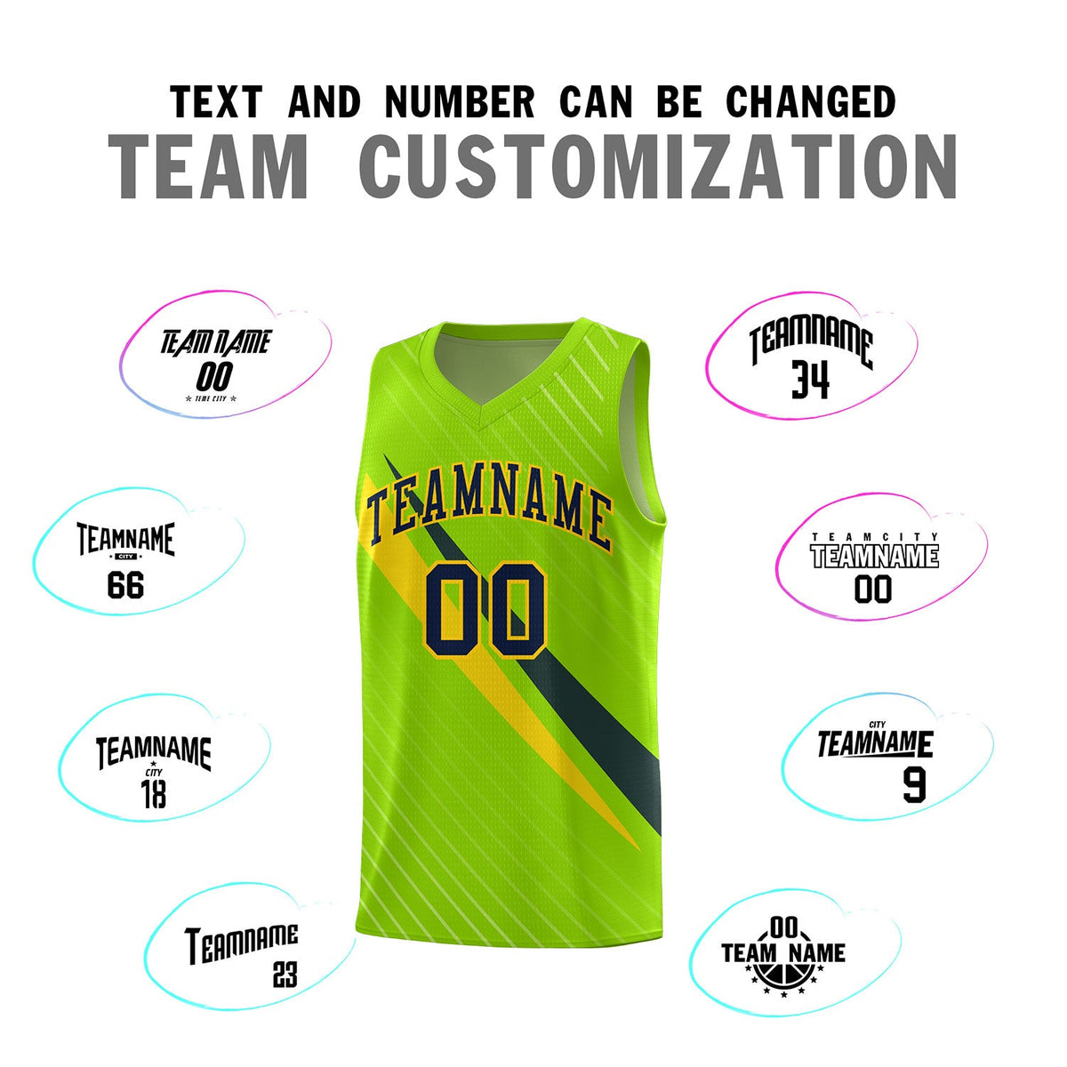 Custom Neon Green Diagonal Pinstripe Pattern Color Block Sports Uniform Basketball Jersey