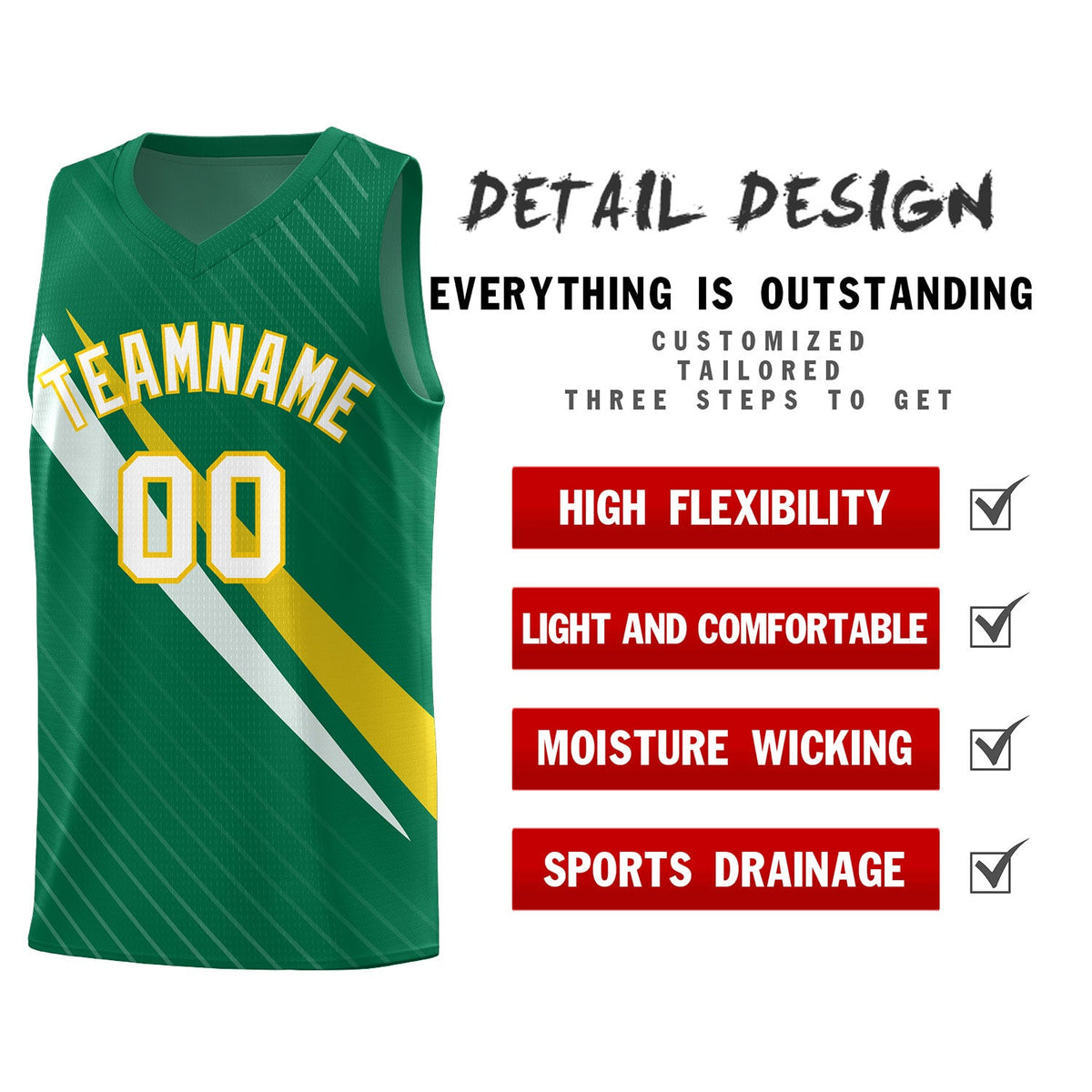 Custom Kelly Green Diagonal Pinstripe Pattern Color Block Sports Uniform Basketball Jersey