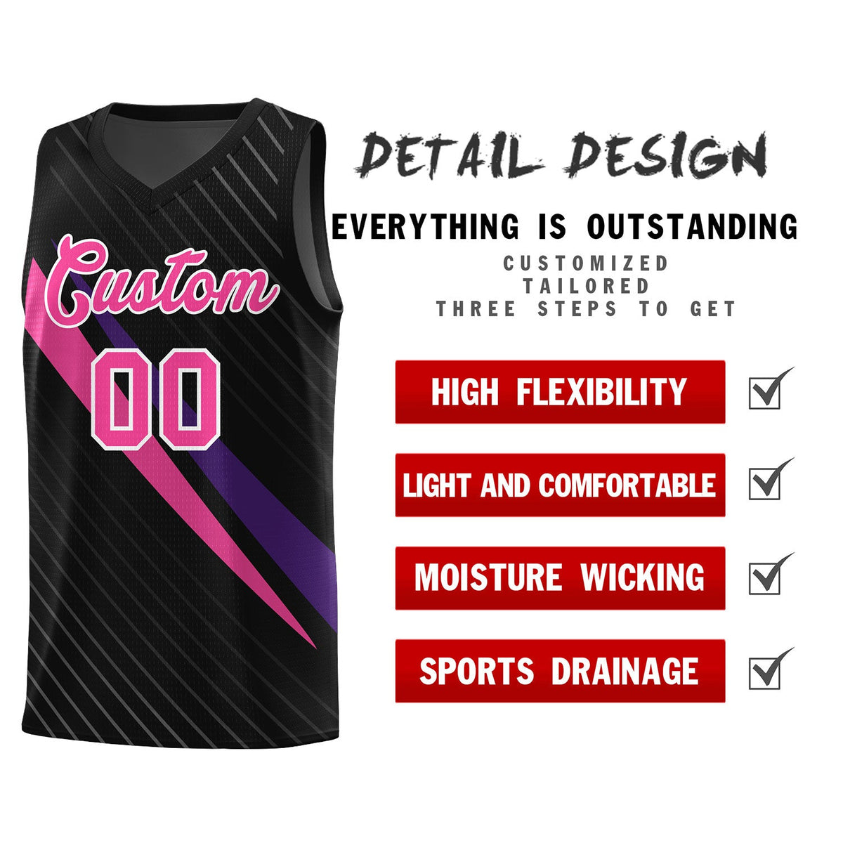 Custom Black Diagonal Pinstripe Pattern Color Block Sports Uniform Basketball Jersey