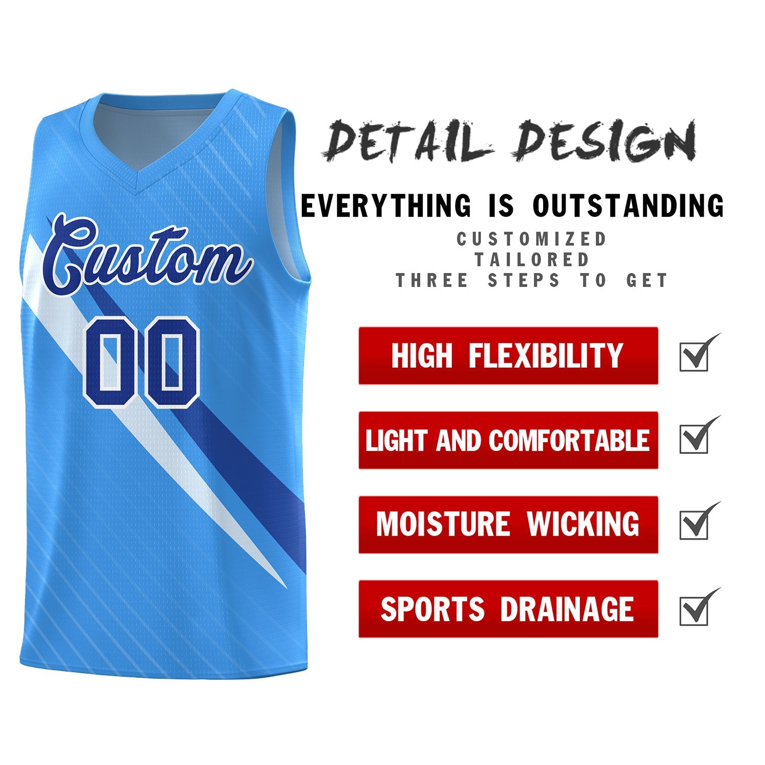 Custom Light Blue Diagonal Pinstripe Pattern Color Block Sports Uniform Basketball Jersey
