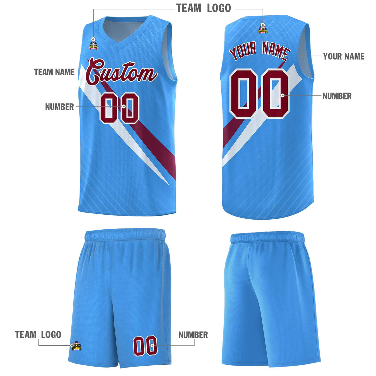 Custom Light Blue Diagonal Pinstripe Pattern Color Block Sports Uniform Basketball Jersey