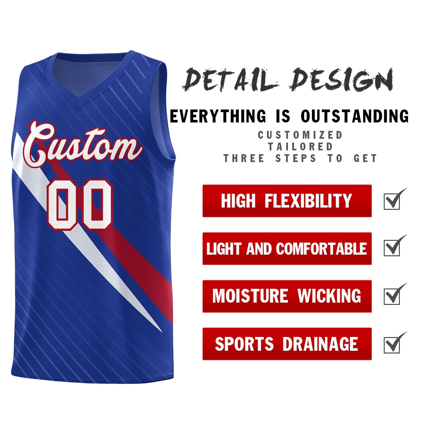 Custom Royal Diagonal Pinstripe Pattern Color Block Sports Uniform Basketball Jersey