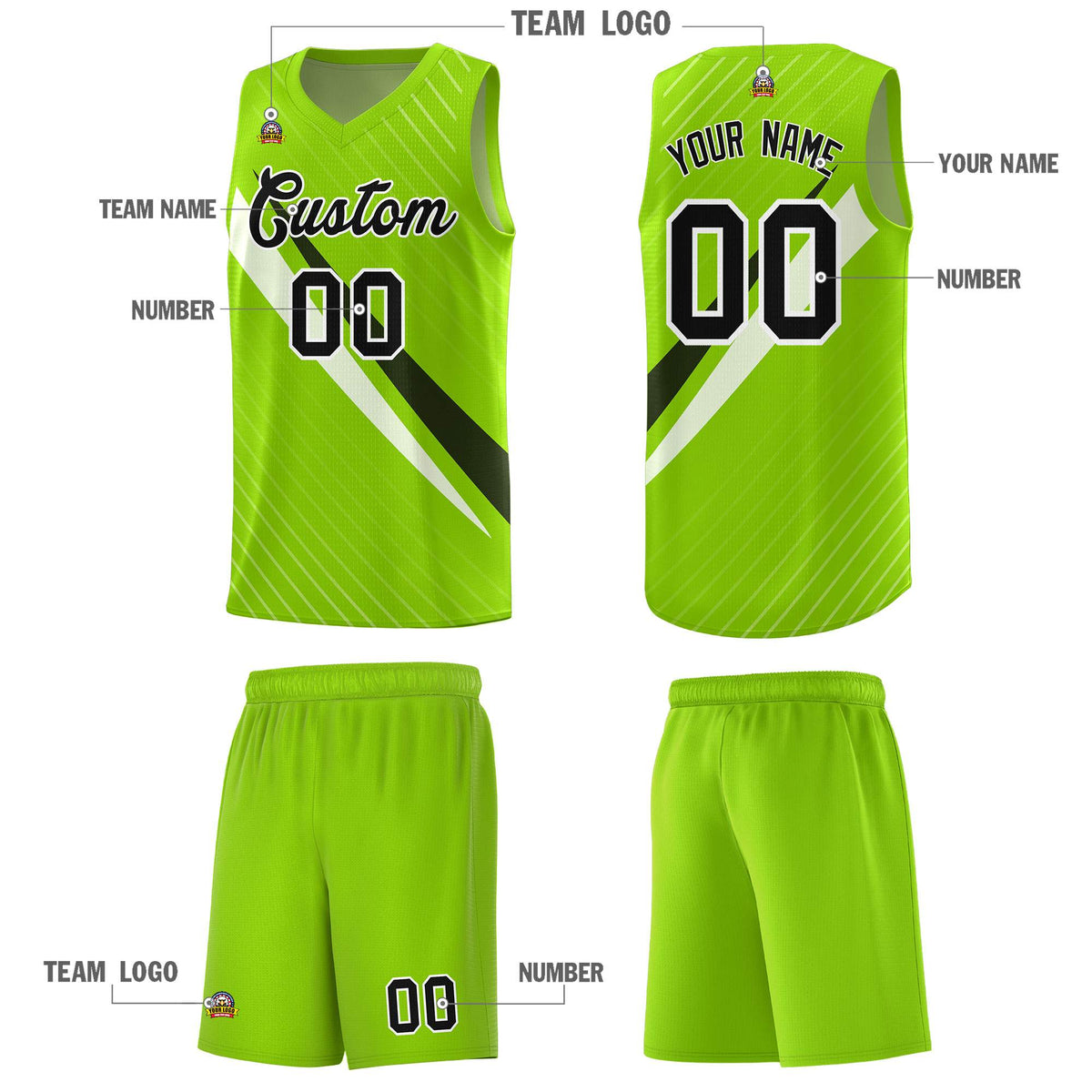 Custom Neon Green Diagonal Pinstripe Pattern Color Block Sports Uniform Basketball Jersey