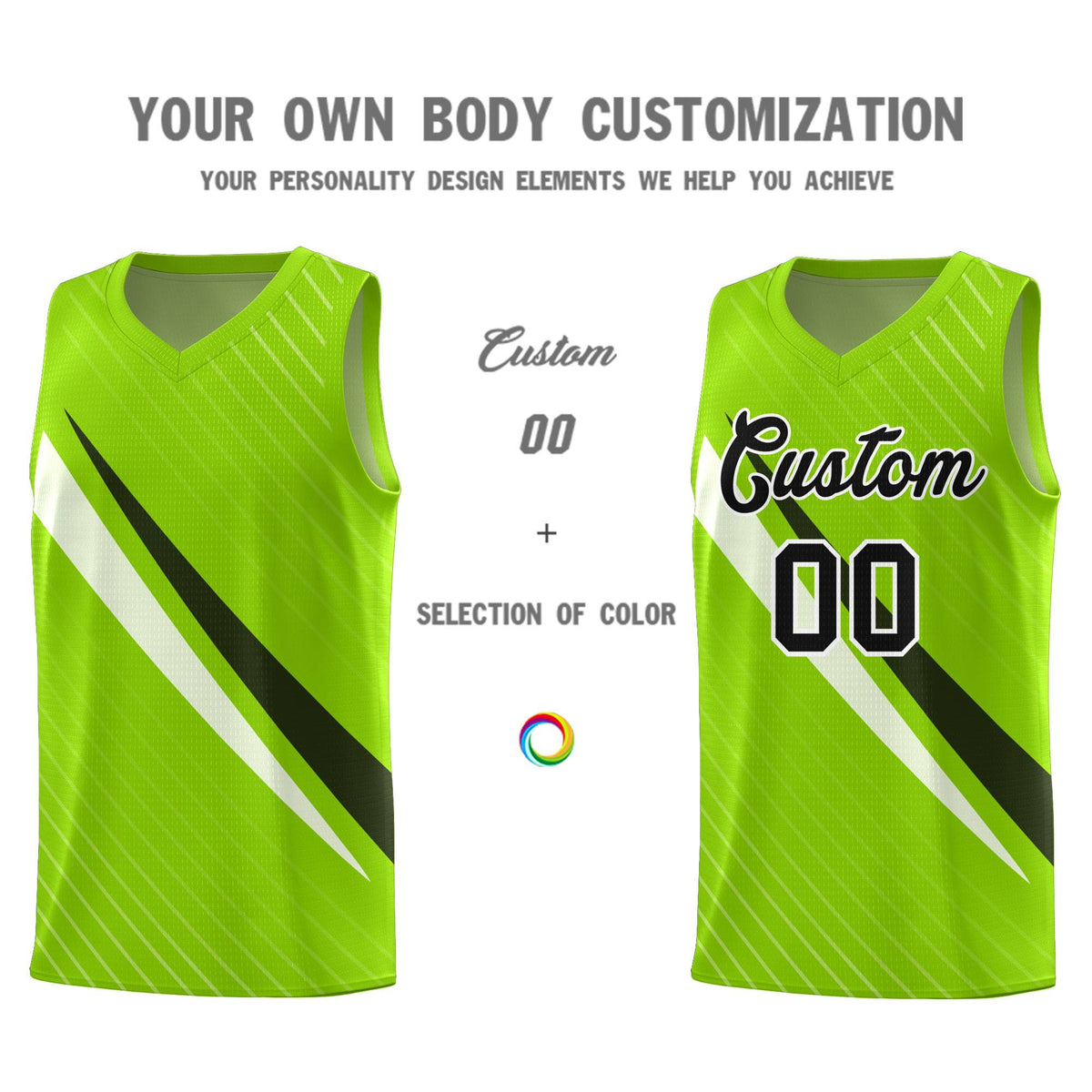 Custom Neon Green Diagonal Pinstripe Pattern Color Block Sports Uniform Basketball Jersey