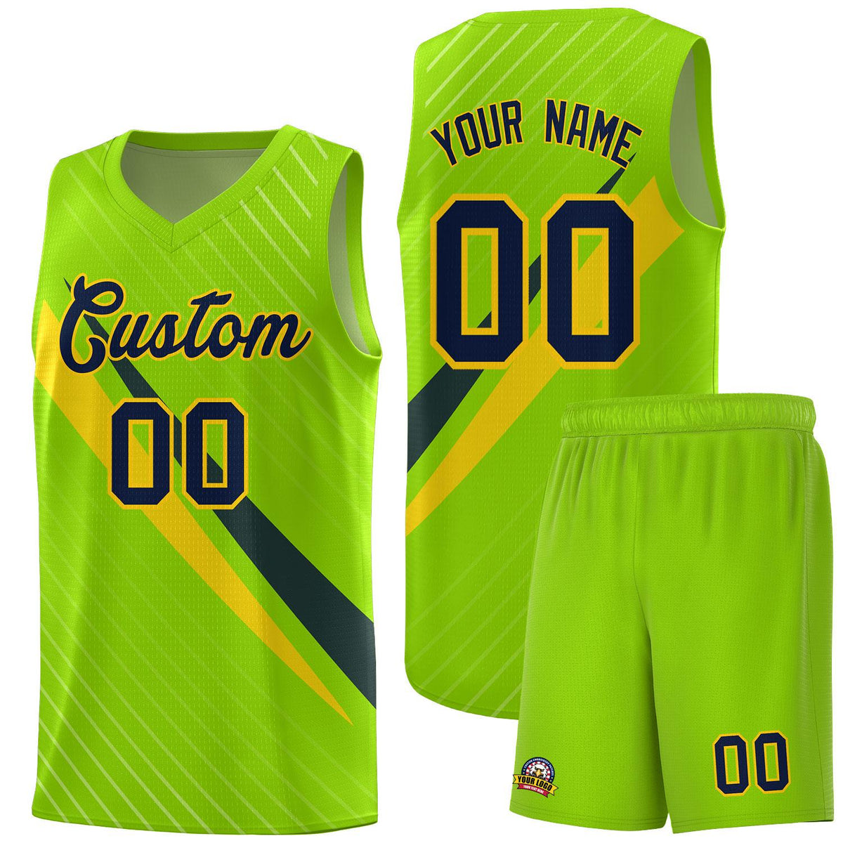Custom Neon Green Diagonal Pinstripe Pattern Color Block Sports Uniform Basketball Jersey