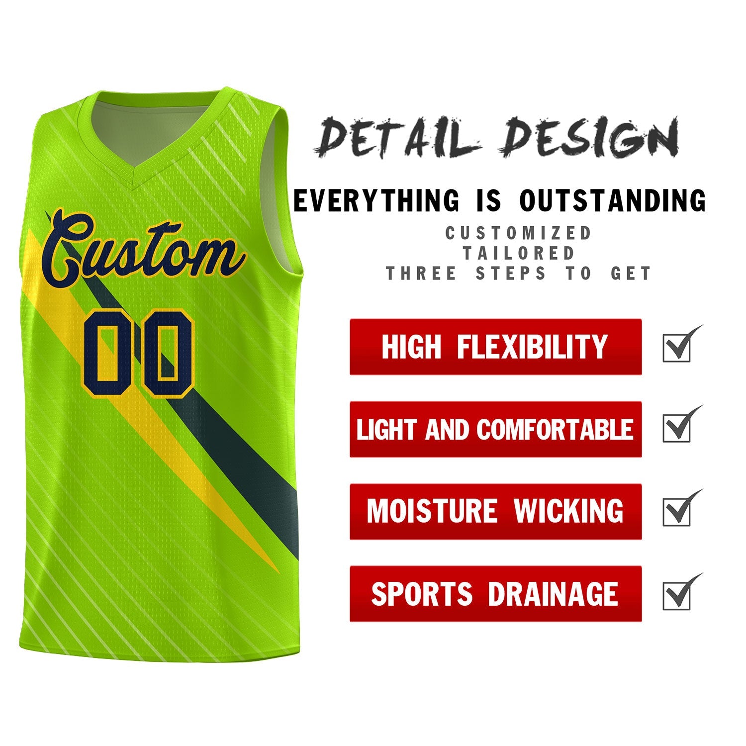 Custom Neon Green Diagonal Pinstripe Pattern Color Block Sports Uniform Basketball Jersey