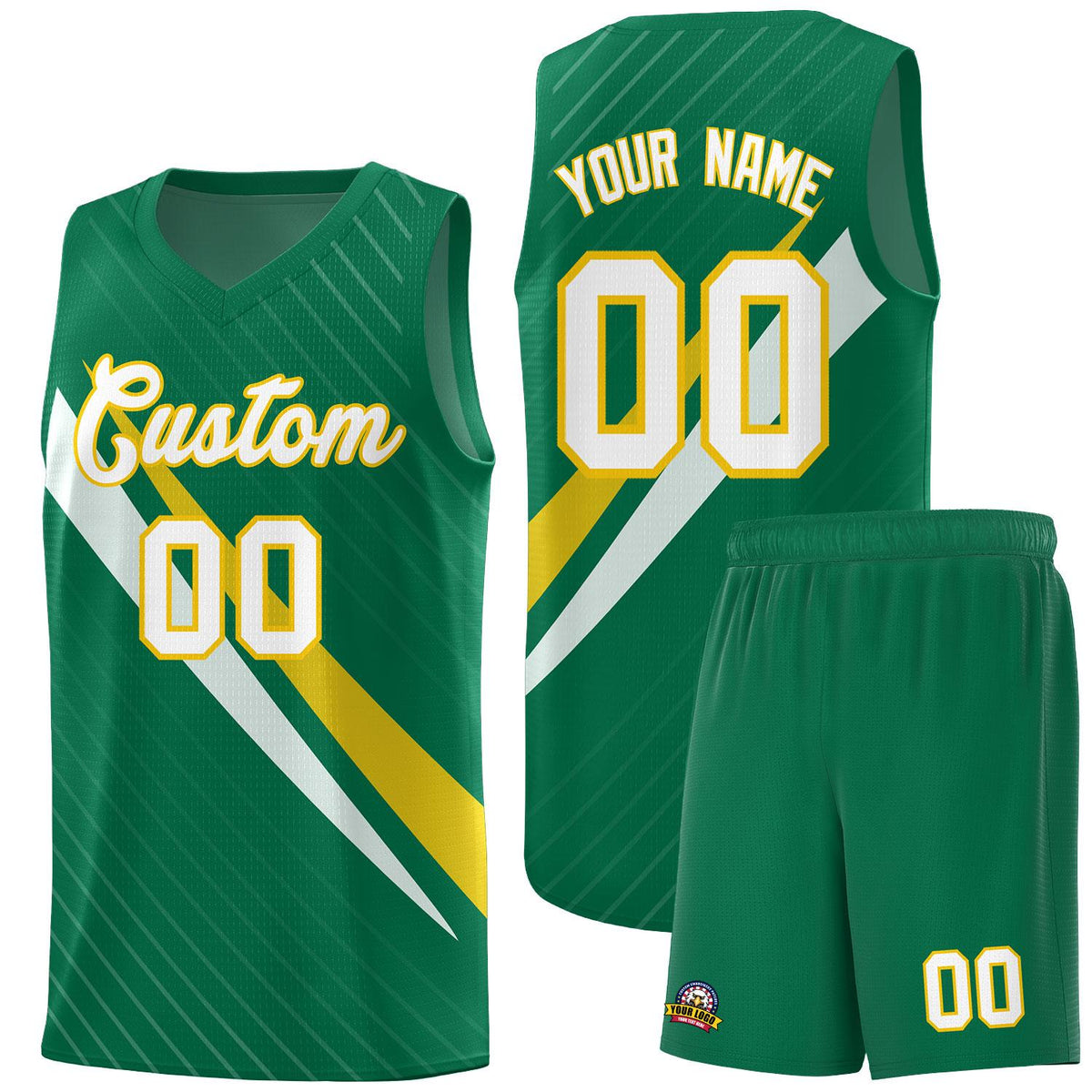 Custom Kelly Green Diagonal Pinstripe Pattern Color Block Sports Uniform Basketball Jersey