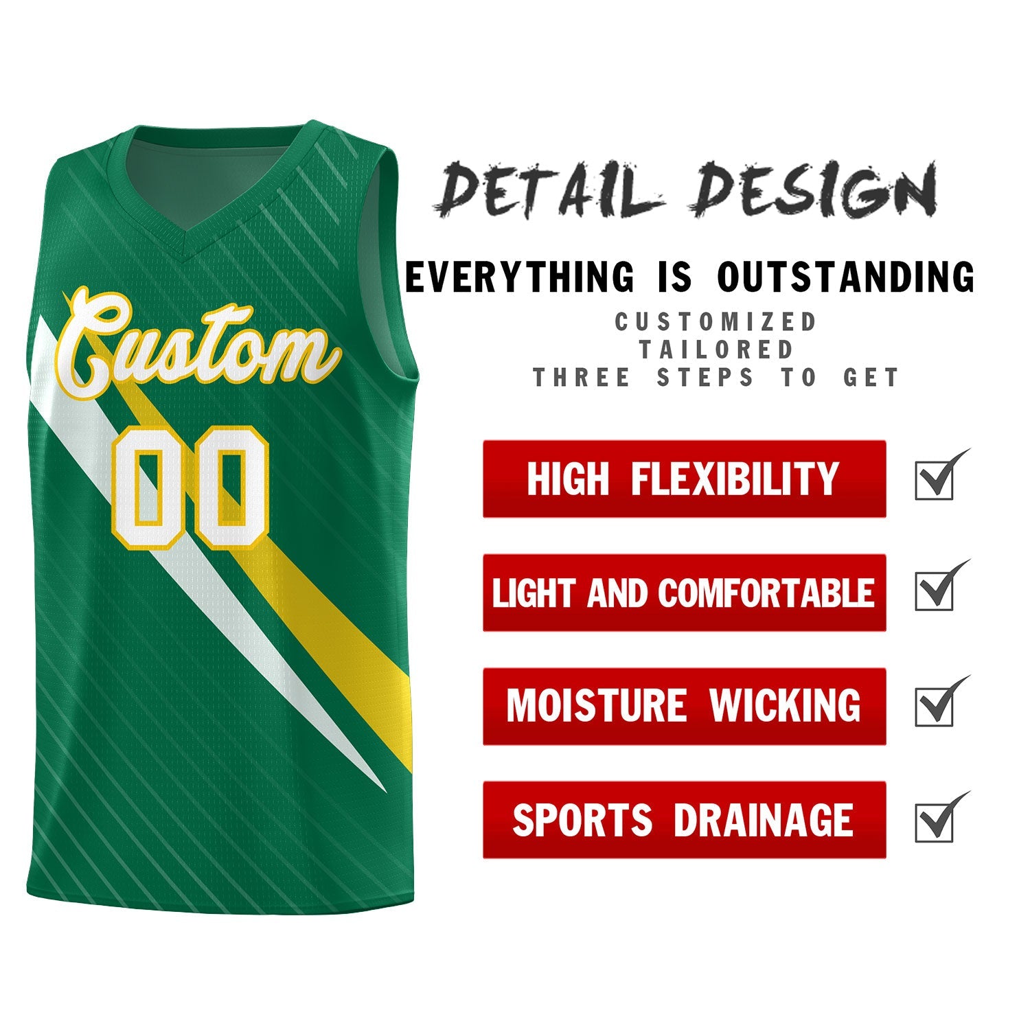 Custom Kelly Green Diagonal Pinstripe Pattern Color Block Sports Uniform Basketball Jersey