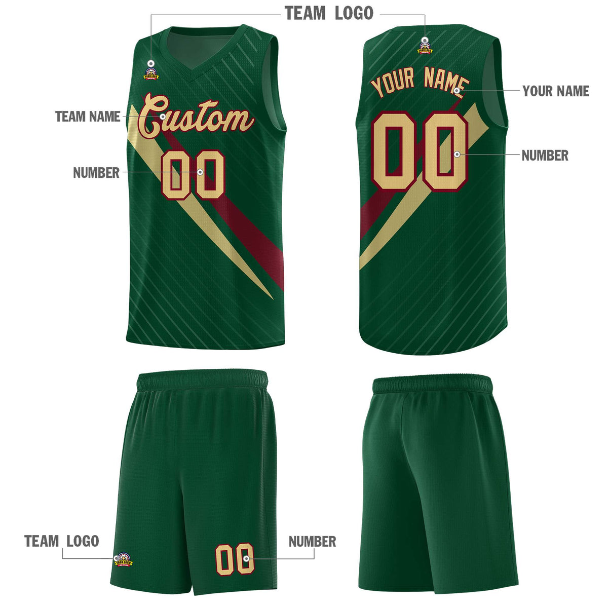 Custom Hunter Green Diagonal Pinstripe Pattern Color Block Sports Uniform Basketball Jersey