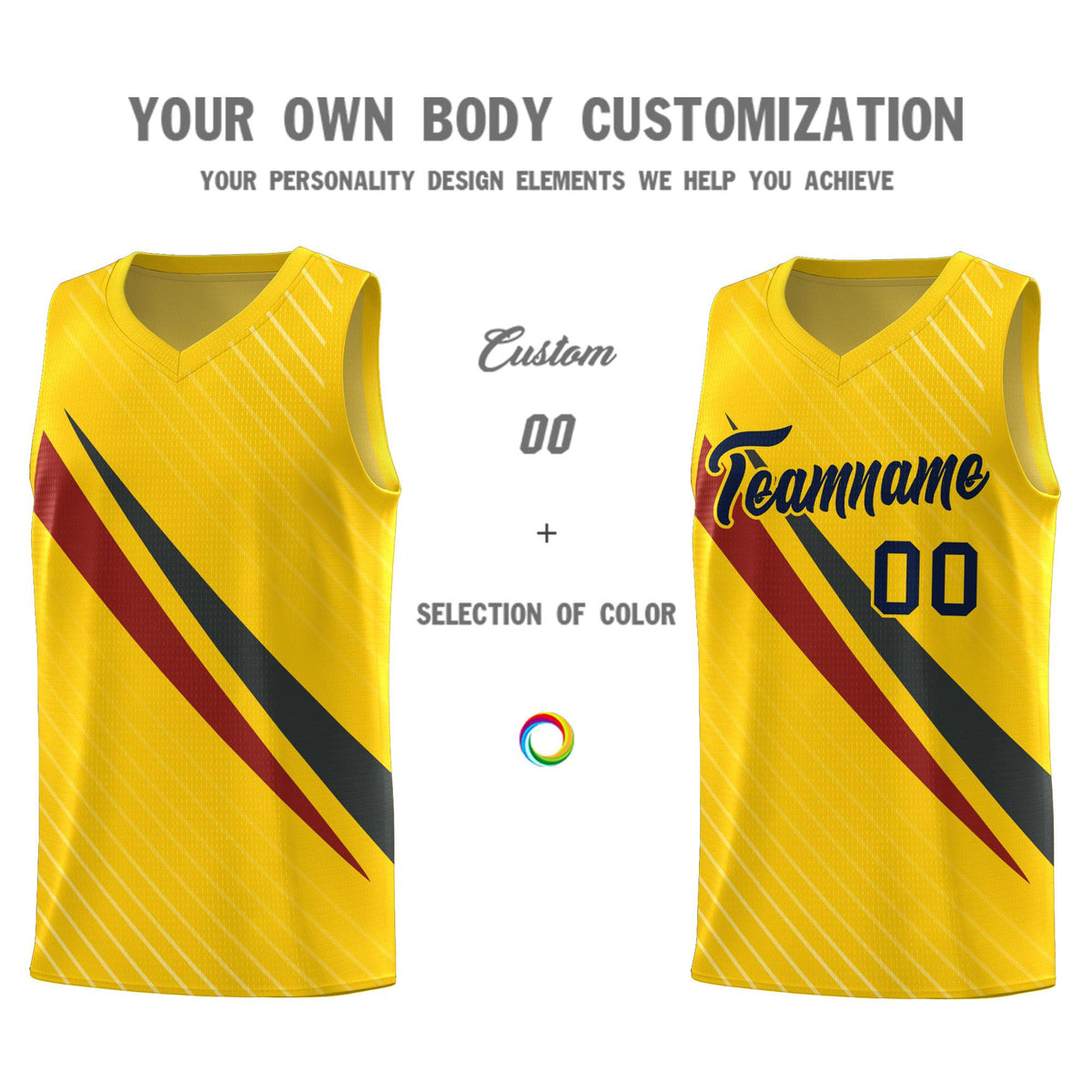Custom Gold Diagonal Pinstripe Pattern Color Block Sports Uniform Basketball Jersey