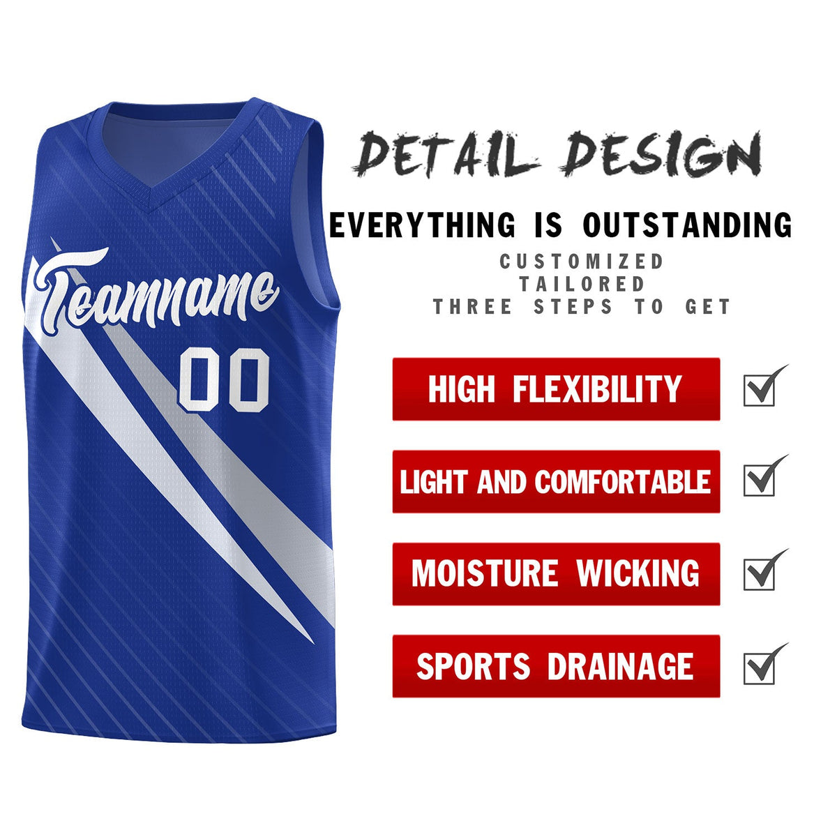 Custom Royal Diagonal Pinstripe Pattern Color Block Sports Uniform Basketball Jersey