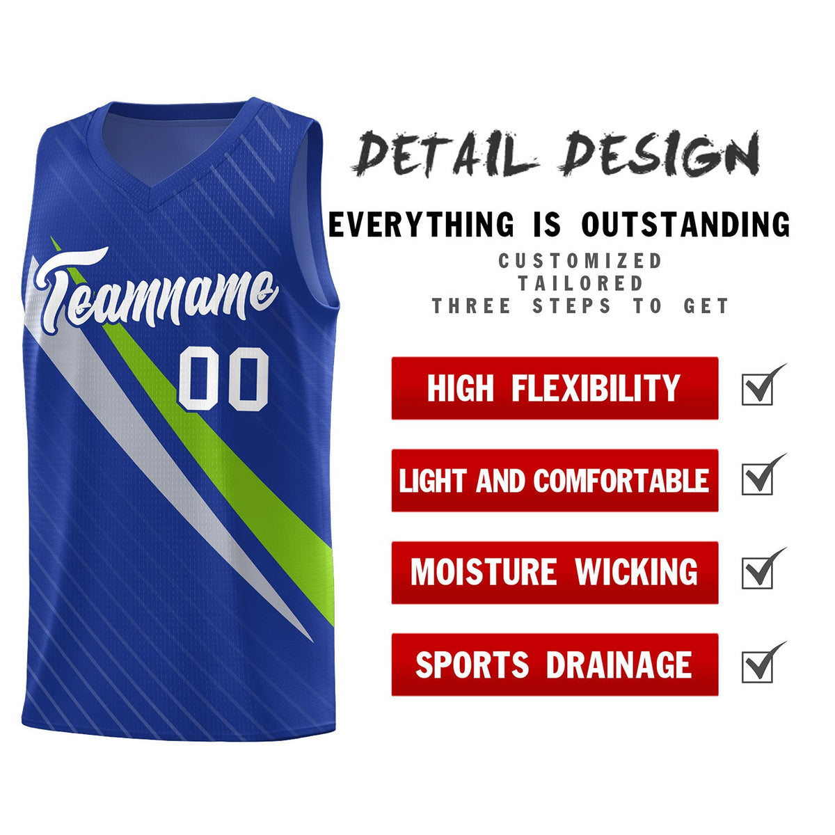 Custom Royal Diagonal Pinstripe Pattern Color Block Sports Uniform Basketball Jersey