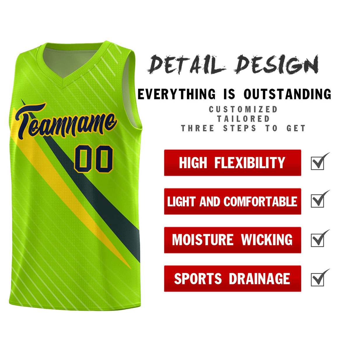 Custom Neon Green Diagonal Pinstripe Pattern Color Block Sports Uniform Basketball Jersey