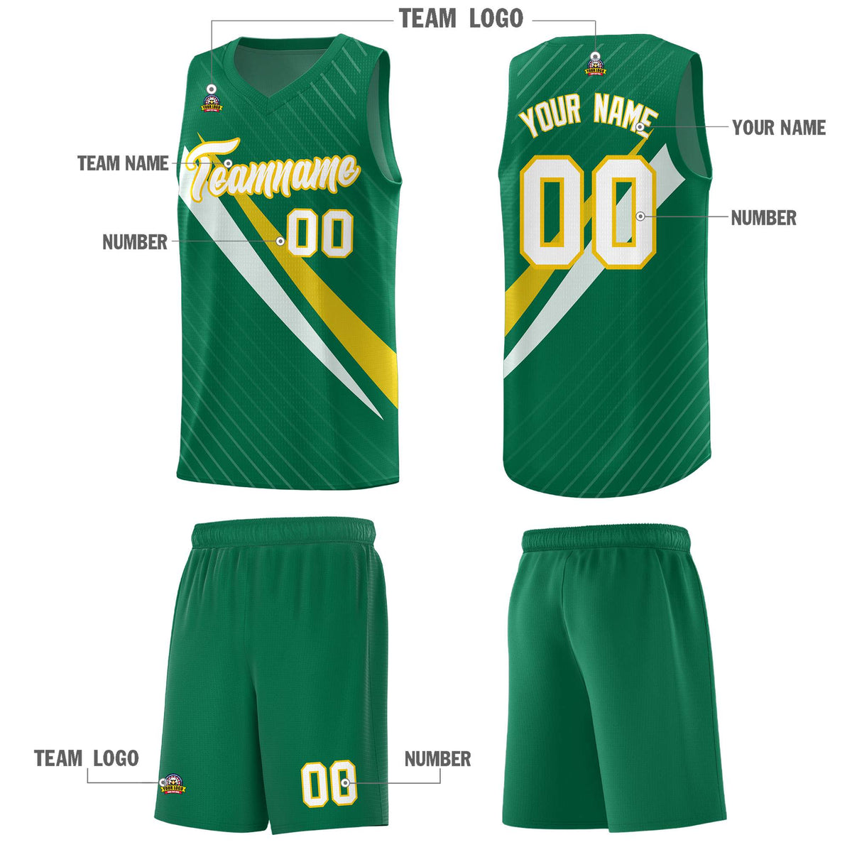 Custom Kelly Green Diagonal Pinstripe Pattern Color Block Sports Uniform Basketball Jersey