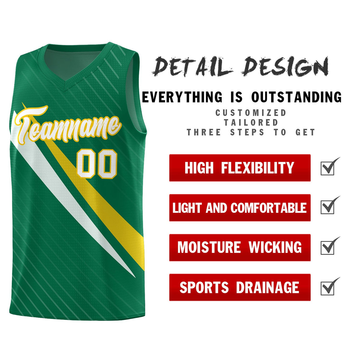 Custom Kelly Green Diagonal Pinstripe Pattern Color Block Sports Uniform Basketball Jersey