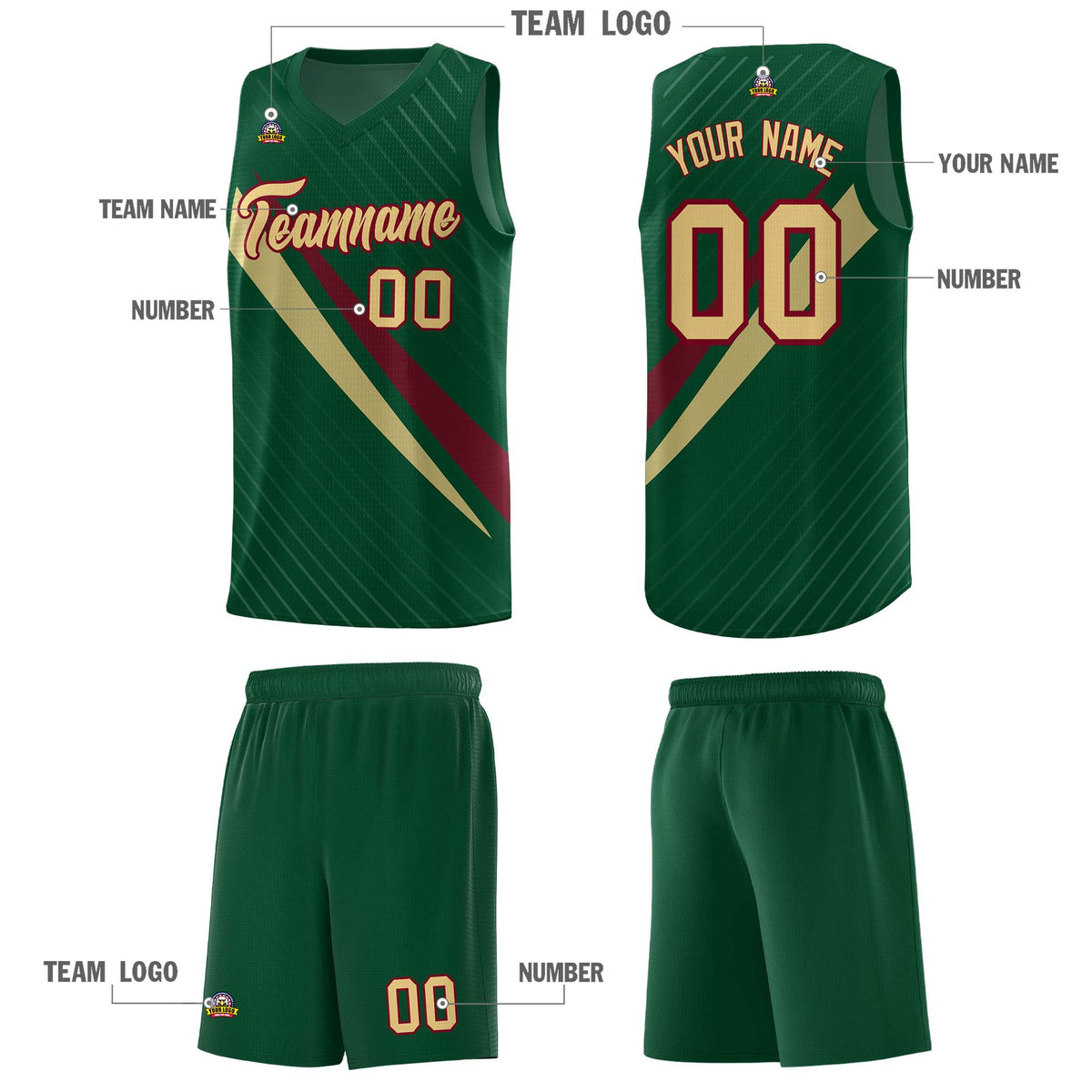 Custom Hunter Green Diagonal Pinstripe Pattern Color Block Sports Uniform Basketball Jersey