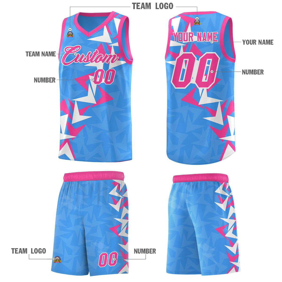 Custom Light Blue Boomerang Pattern Sets Basketball Jersey