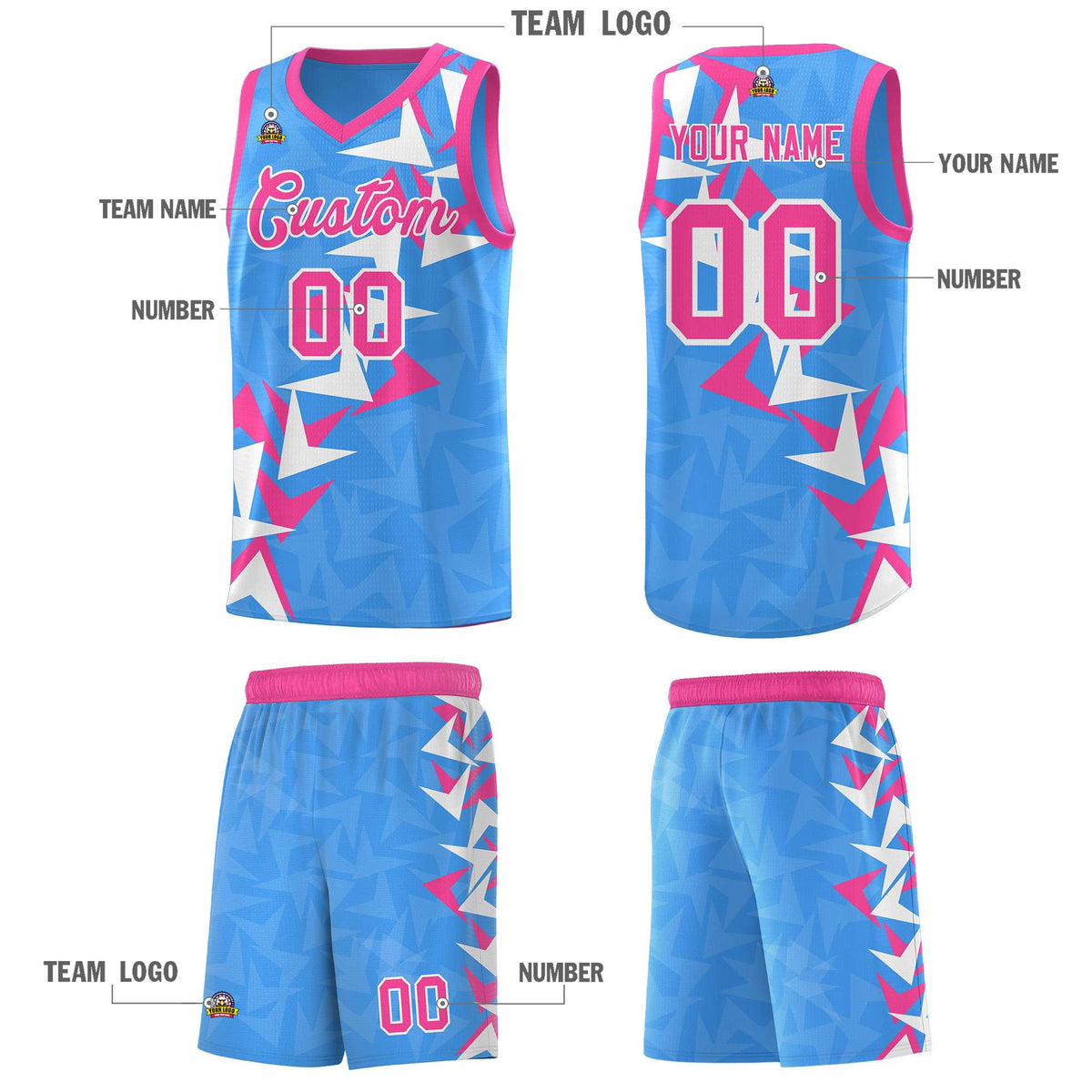 Custom Light Blue Boomerang Pattern Sets Basketball Jersey