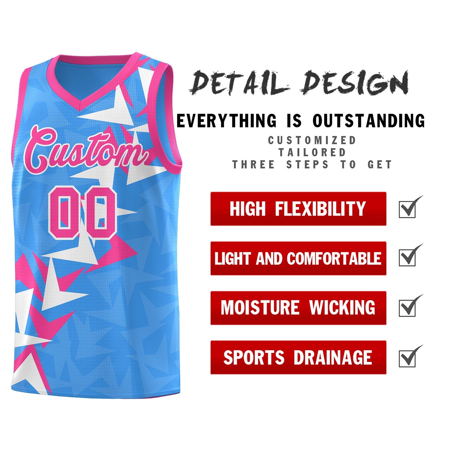 Custom Light Blue Boomerang Pattern Sets Basketball Jersey