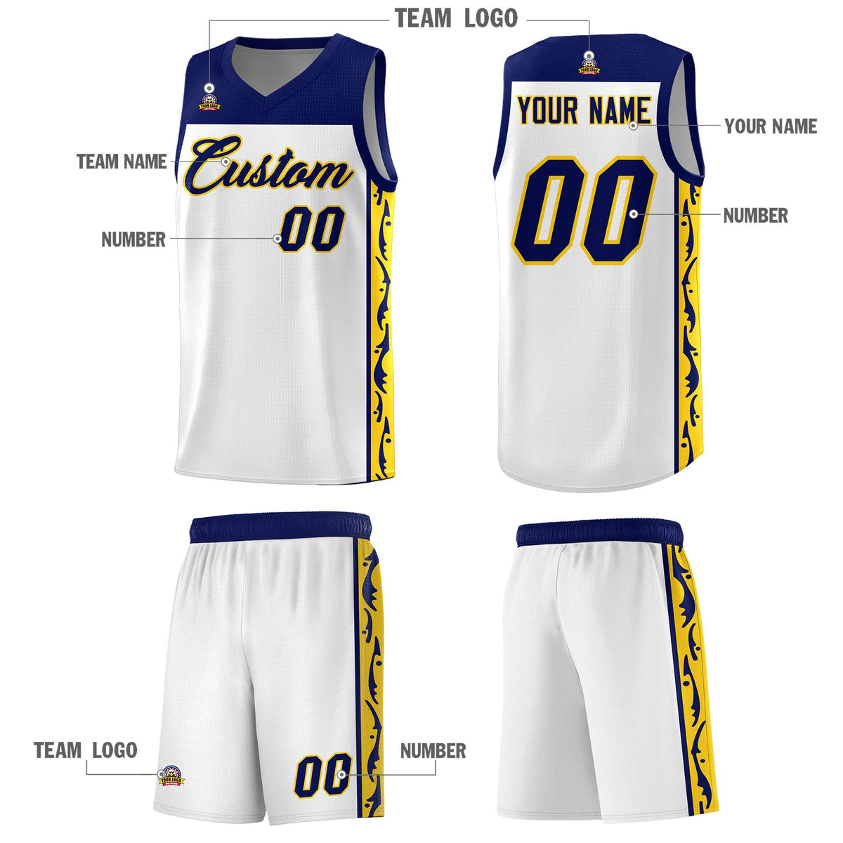 Custom White Side Pattern Sports Uniform Basketball Jersey
