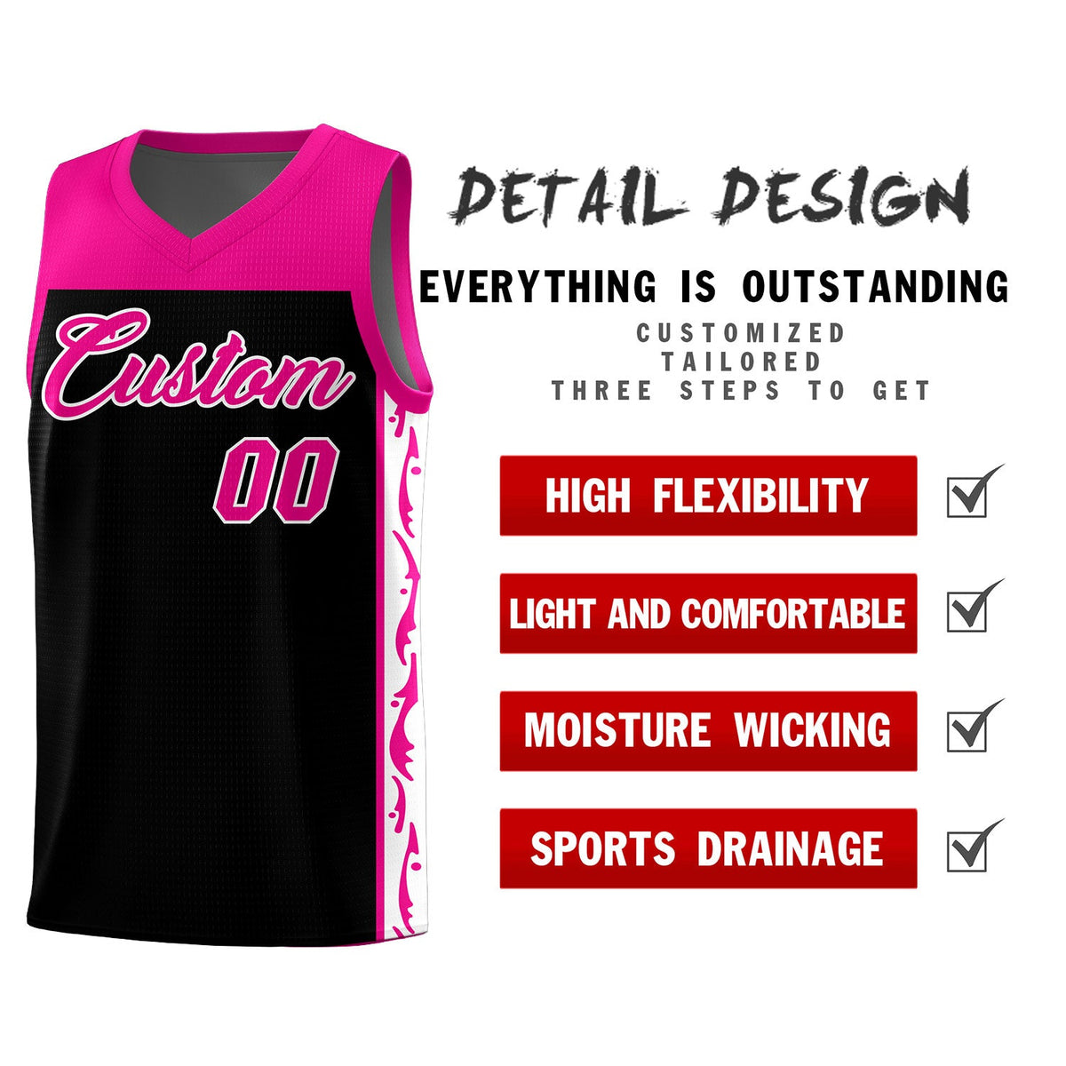 Custom Black Side Pattern Sports Uniform Basketball Jersey