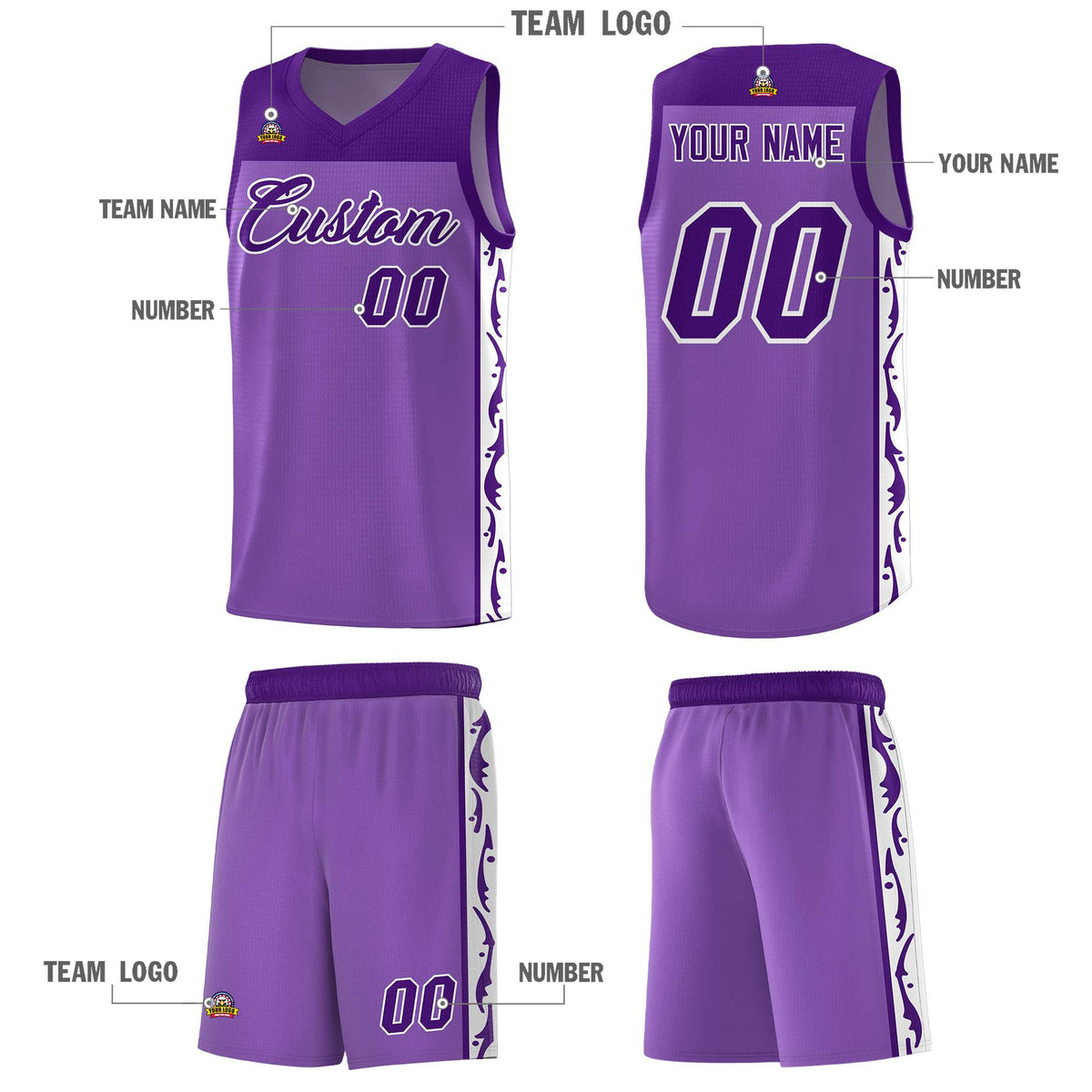 Custom Purple Side Pattern Sports Uniform Basketball Jersey
