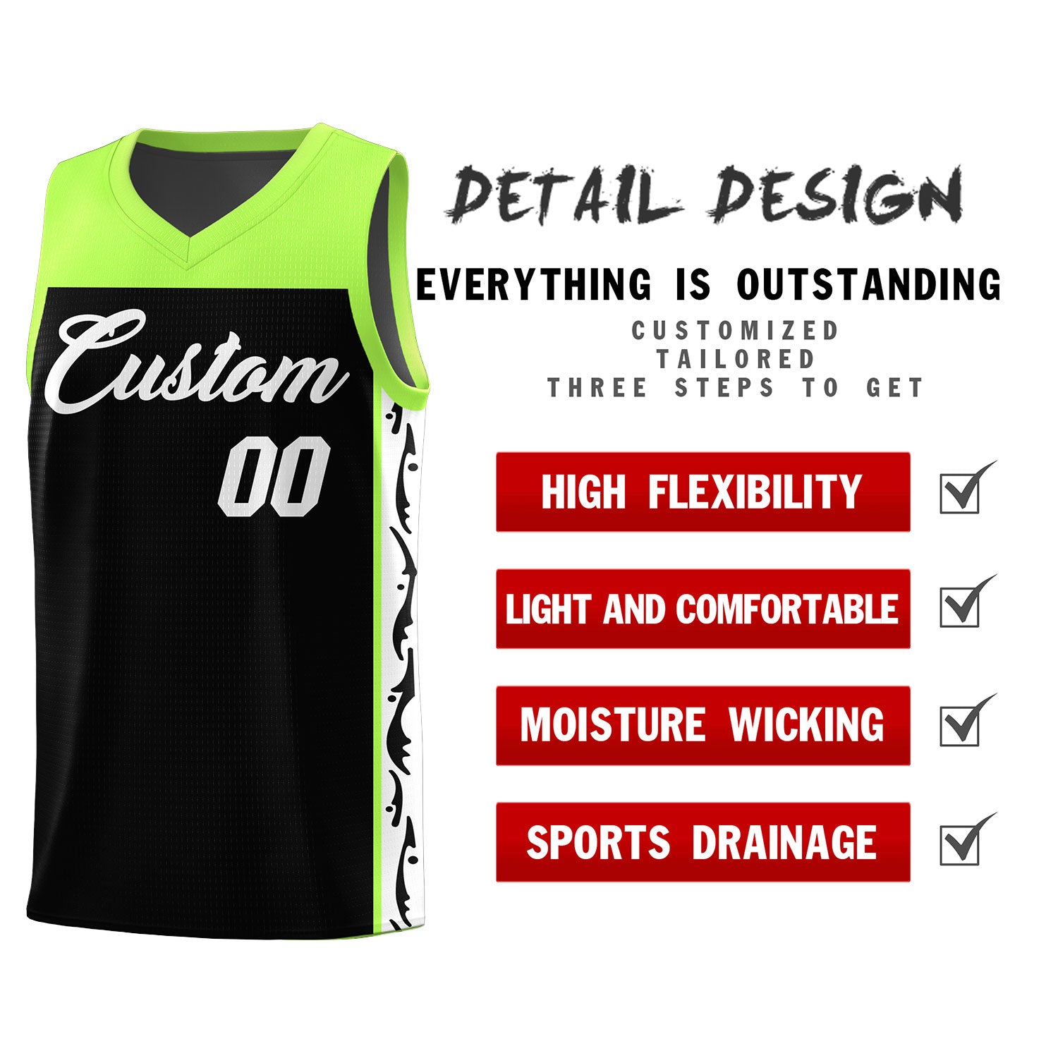 Custom Black Side Pattern Sports Uniform Basketball Jersey