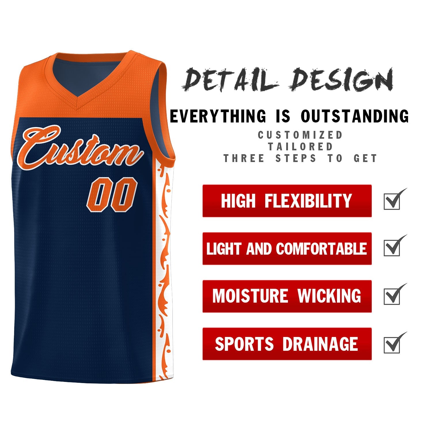 Custom Navy Side Pattern Sports Uniform Basketball Jersey