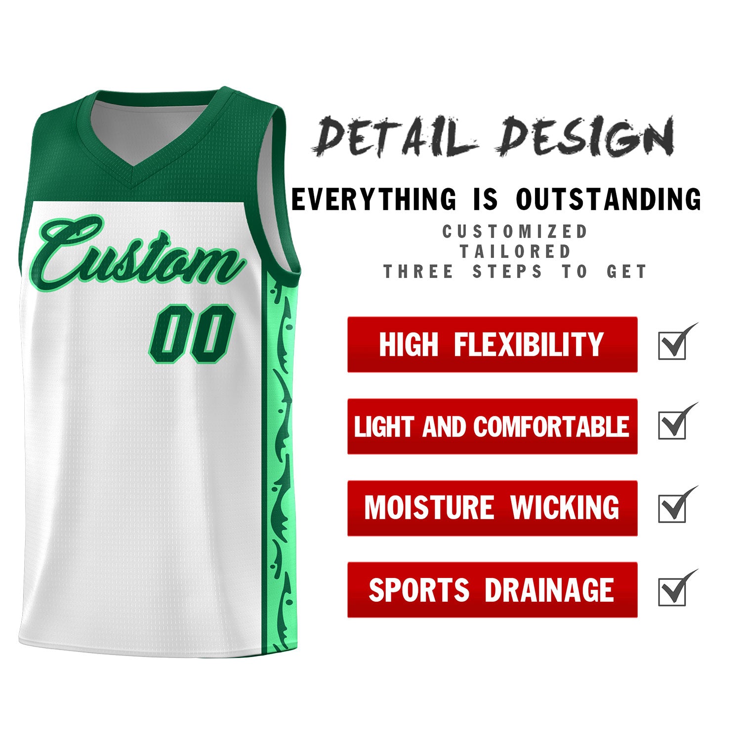 Custom White Side Pattern Sports Uniform Basketball Jersey