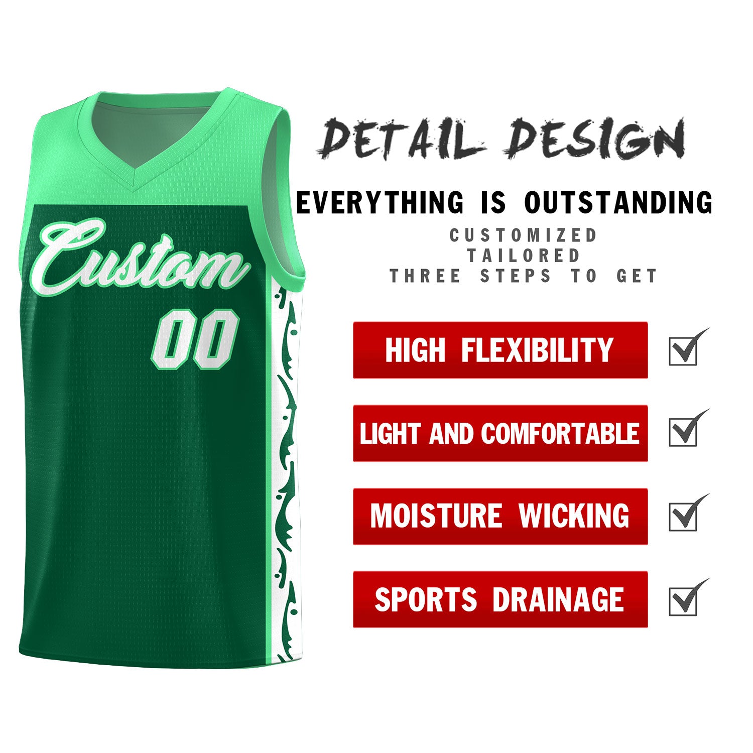 Custom Kelly Green Side Pattern Sports Uniform Basketball Jersey