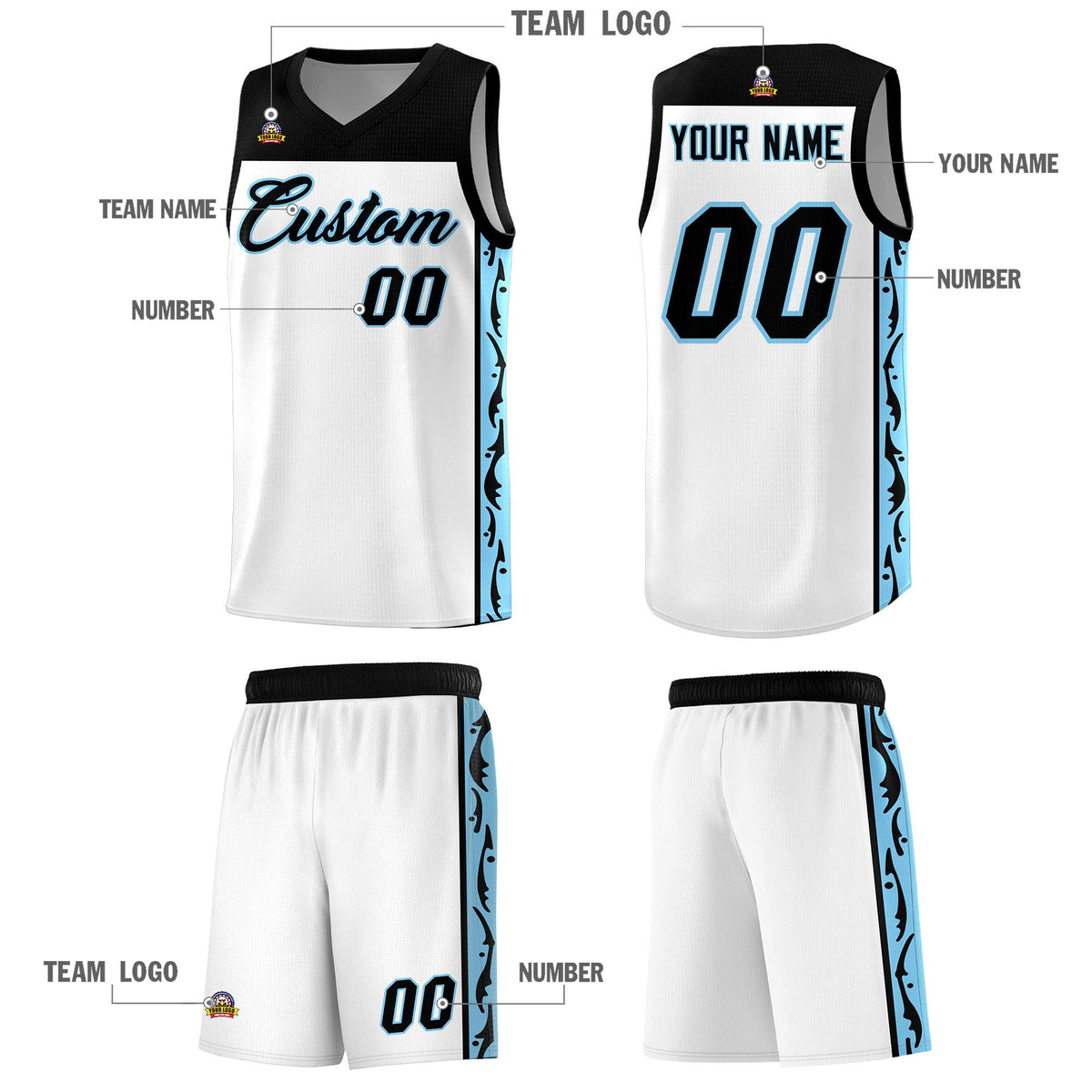 Custom White Side Pattern Sports Uniform Basketball Jersey